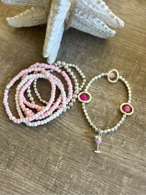 Stackable Pink Beaded Stretch Bracelet Set with Silver Accents